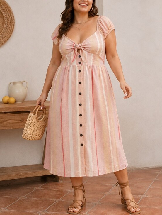 O'Neill Dresses & Skirts - ONEILL Coastal Boho Stripe Tie Button Front Midi Dress – Resort Chic Romantic 1X